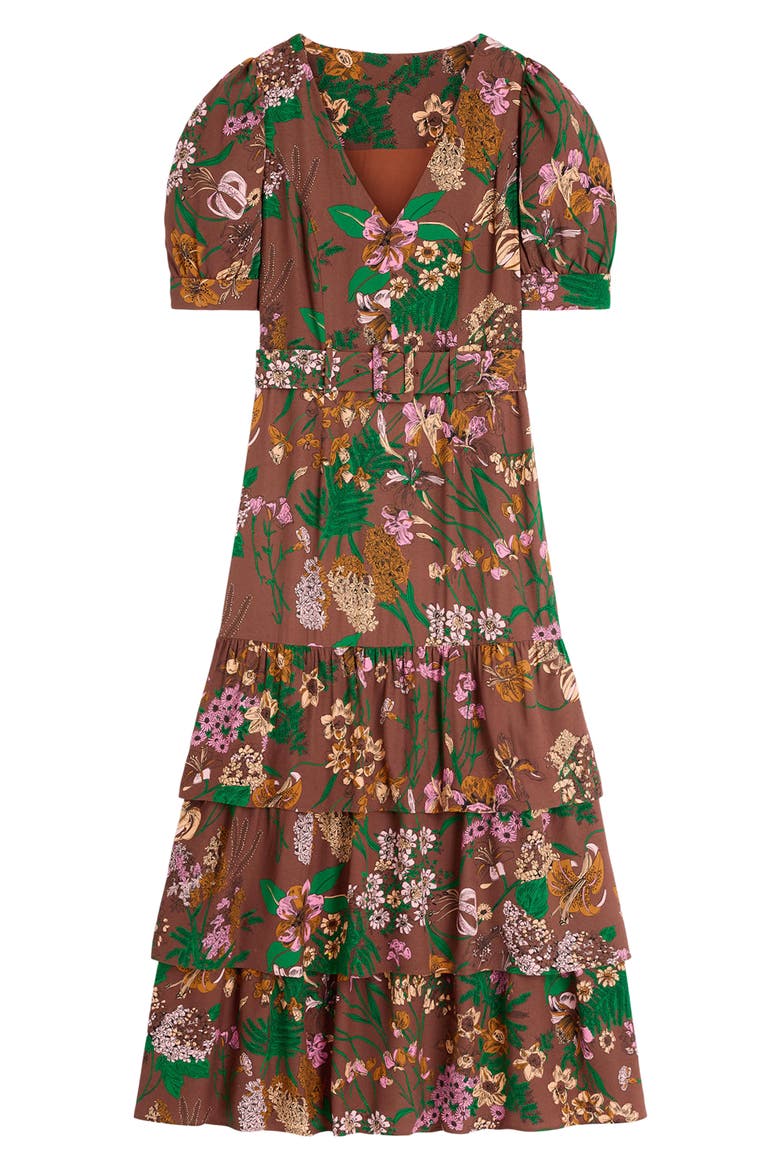 V-Neck Tiered Midi Dress, Alternate, color, WOODLAND BROWN WHMSICAL FLORAL