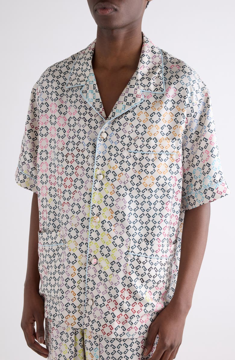 Givenchy Monogram 72 Print Short Sleeve Silk Pajama Shirt, Alternate, color, White Multicolored