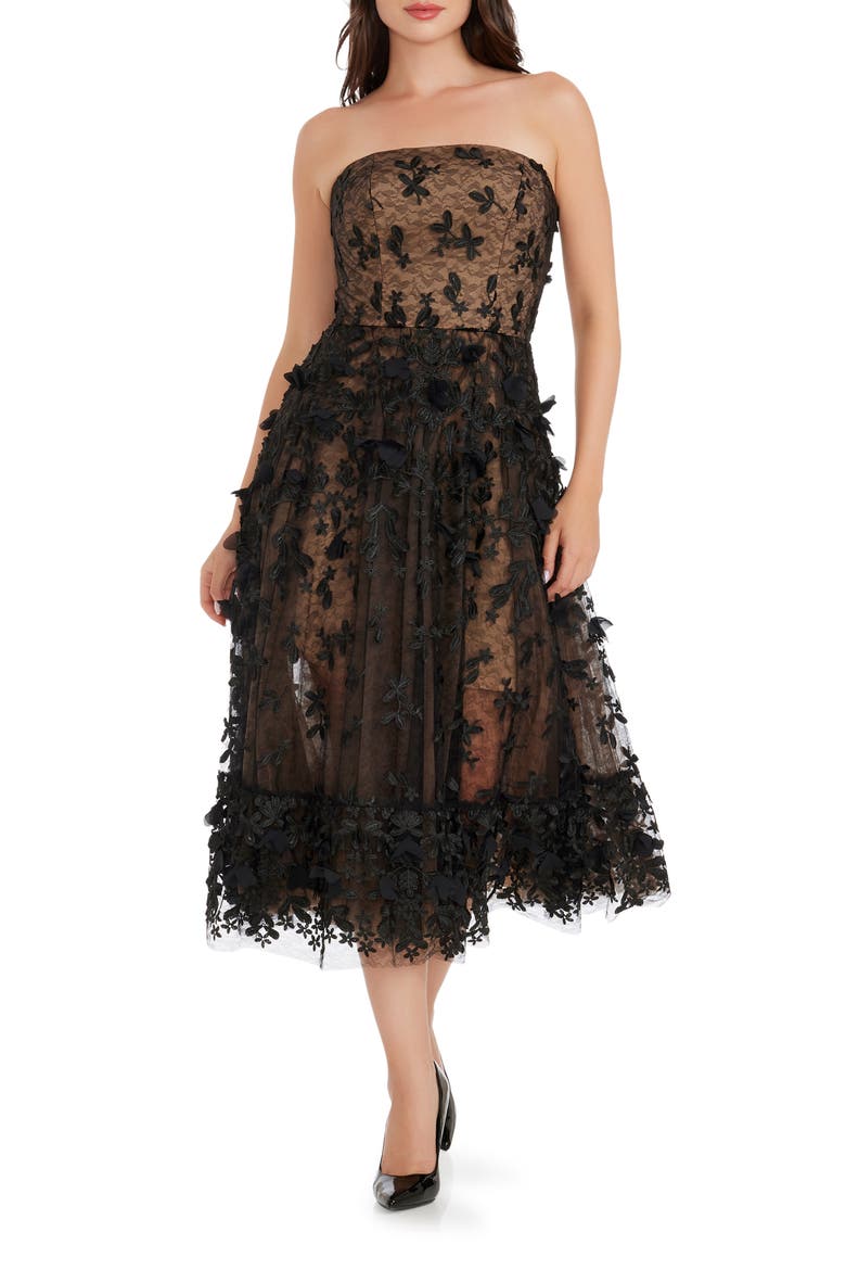 Kailyn Floral Appliqué Strapless Midi Dress, Main, color, BLACK-BEIGE
