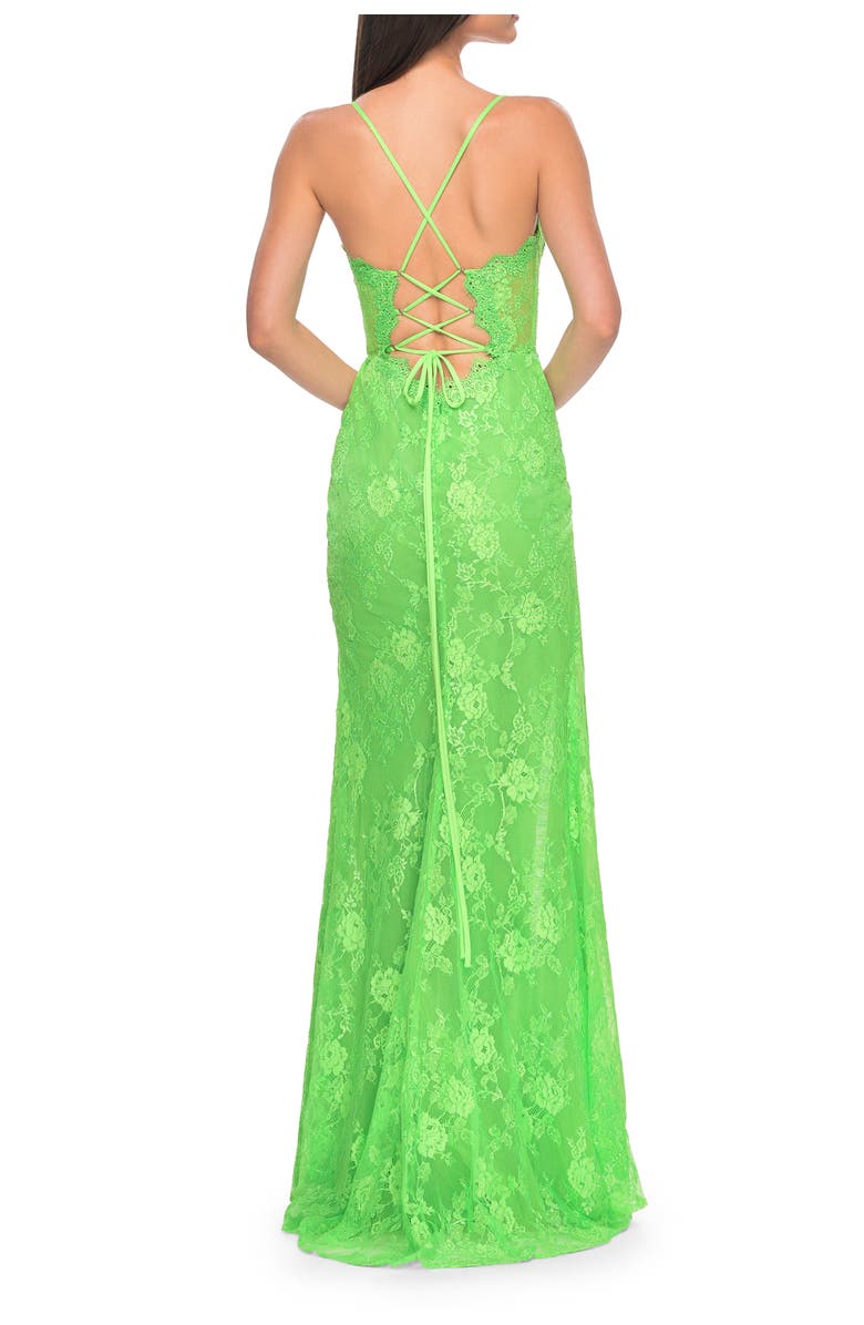La Femme Scallop Detail Lace Fitted Prom Dress with Illusion Bodice, Alternate, color, Bright Green