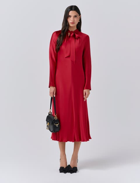 Stephanie Satin Tie Neck Midi Dress