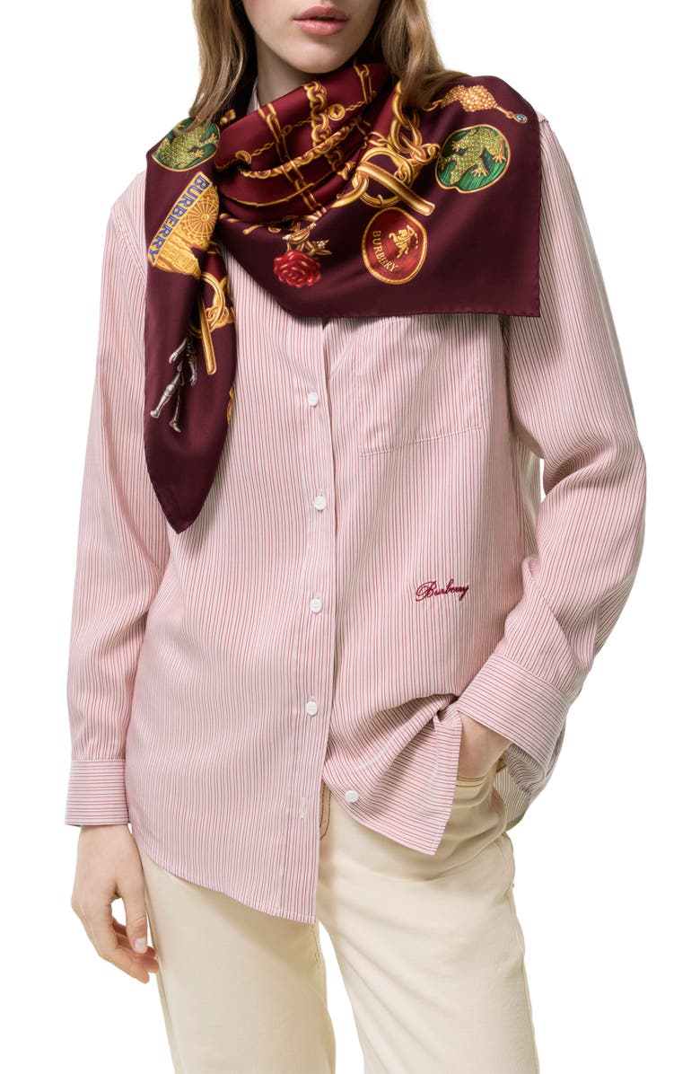 Burberry Check Charm Silk Square Scarf, Alternate, color, Auburn Brown