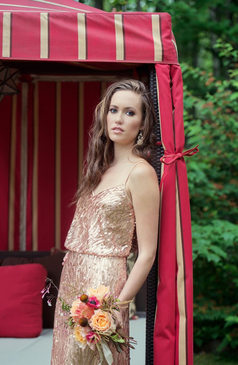 Donna Morgan 'Courtney' Spaghetti Strap Sequin Blouson Gown, Alternate, color, 