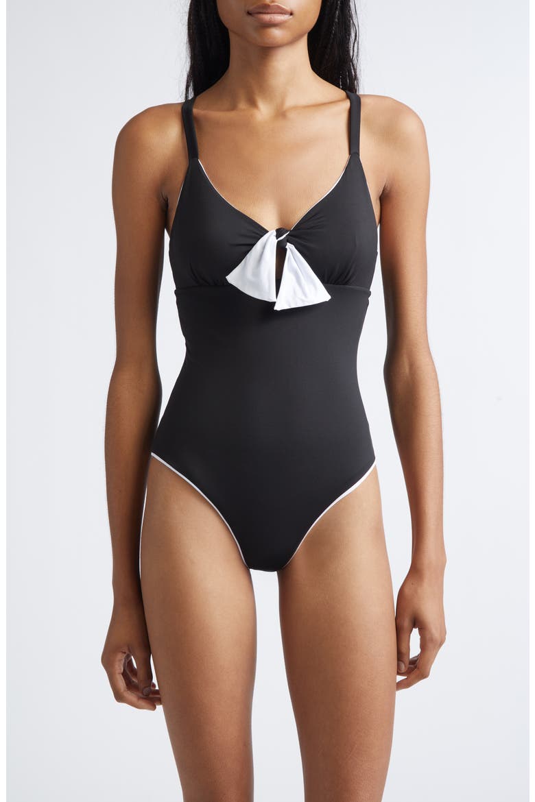 Tie Front One-Piece Swimsuit, Main, color, BLACK