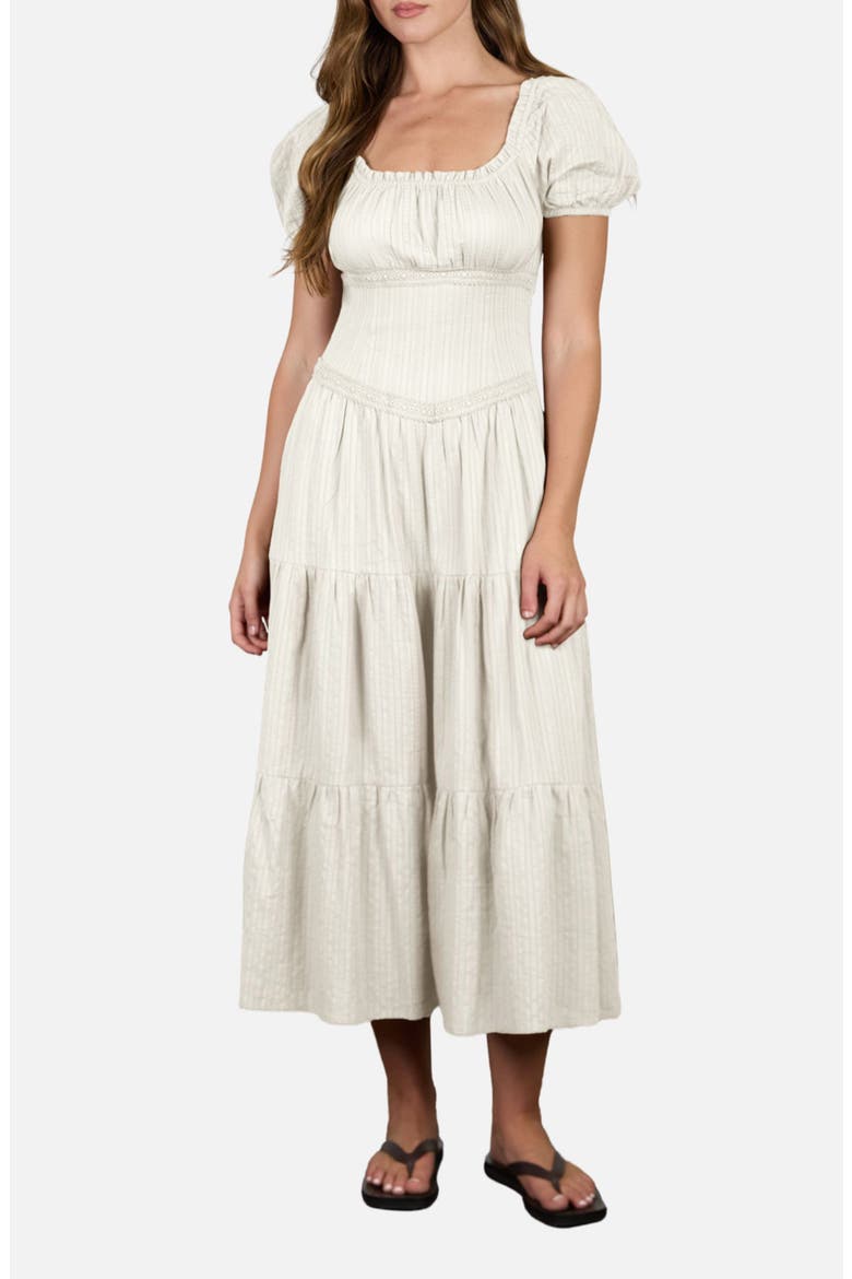 Stripe Textured Puff Sleeve Tiered Midi Dress, Main, color, CREAM