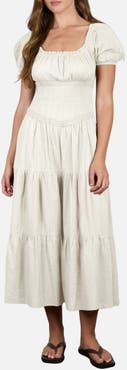Blu Pepper Stripe Textured Puff Sleeve Tiered Midi Dress