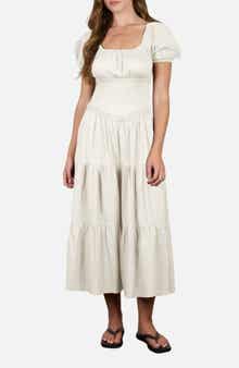 Stripe Textured Puff Sleeve Tiered Midi Dress