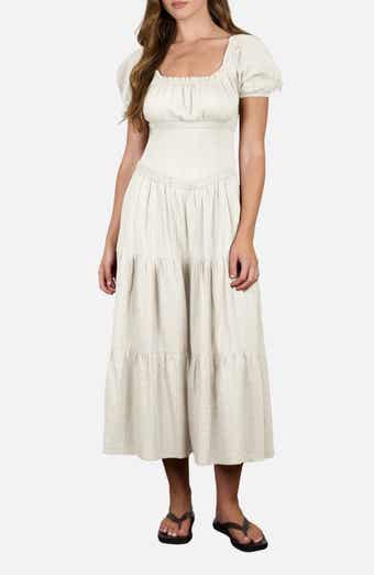 Stripe Textured Puff Sleeve Tiered Midi Dress