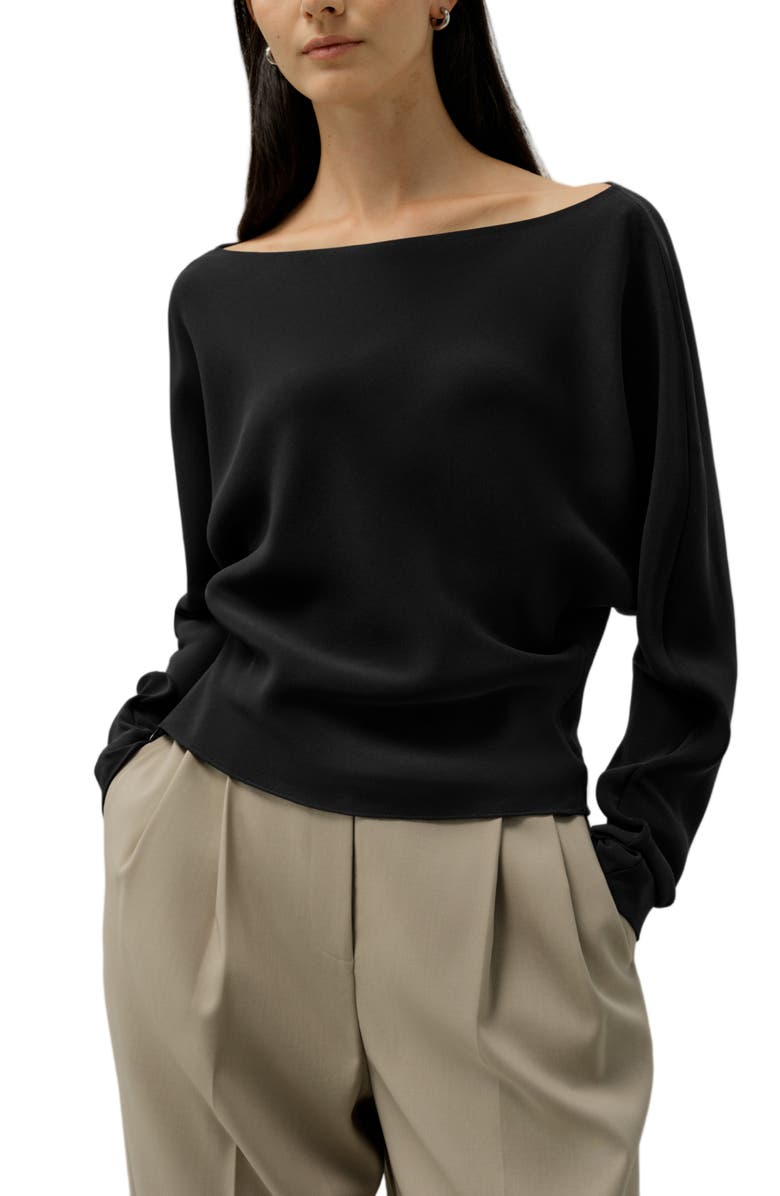 Lilysilk Long Sleeve Gathered Silk Top, Main, color, Black
