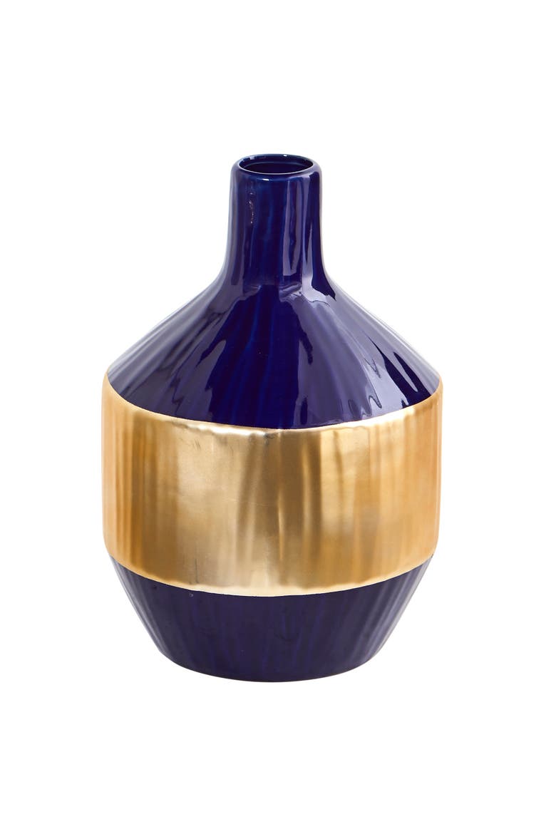9-in Lux Blue Ceramic Vase with Gold Band, Main, color, Blue