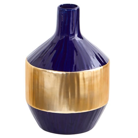 9-in Lux Blue Ceramic Vase with Gold Band