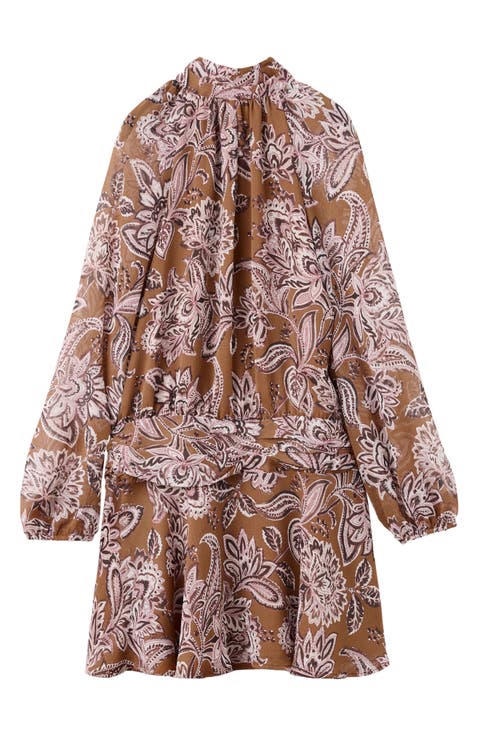 Print Gathered Long Sleeve Minidress