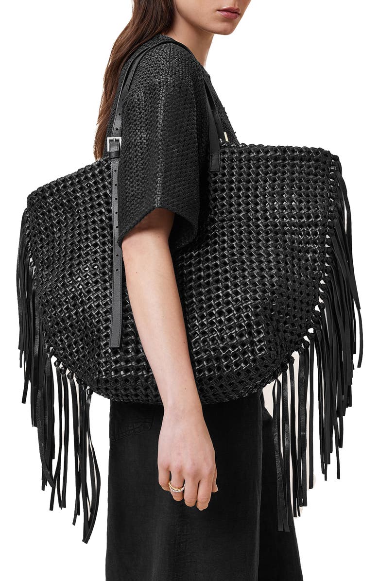 AllSaints Ara East West Woven Leather Tote, Alternate, color, Black