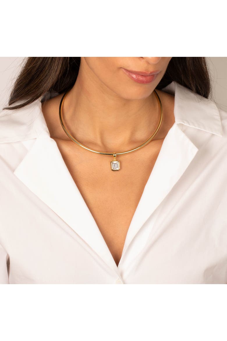 Colored CZ Emerald Bezel/ Solid Tube Open Collar Pendant Necklace, Alternate, color, Gold