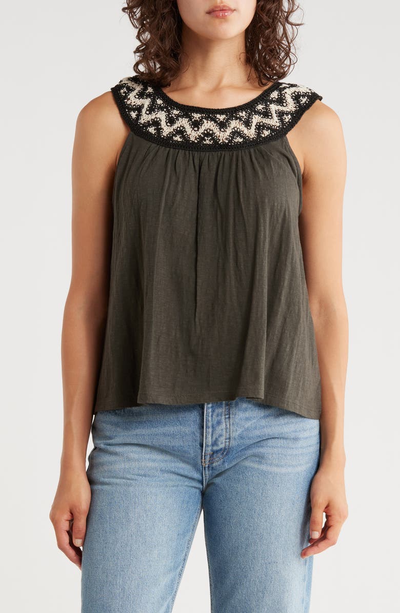 Lucky Brand Embroidered Round Neck Cotton Tank, Main, color, Raven