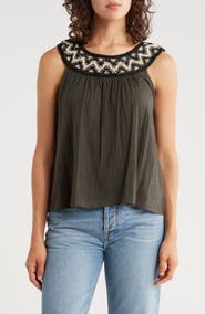 Lucky Brand Embroidered Round Neck Cotton Tank