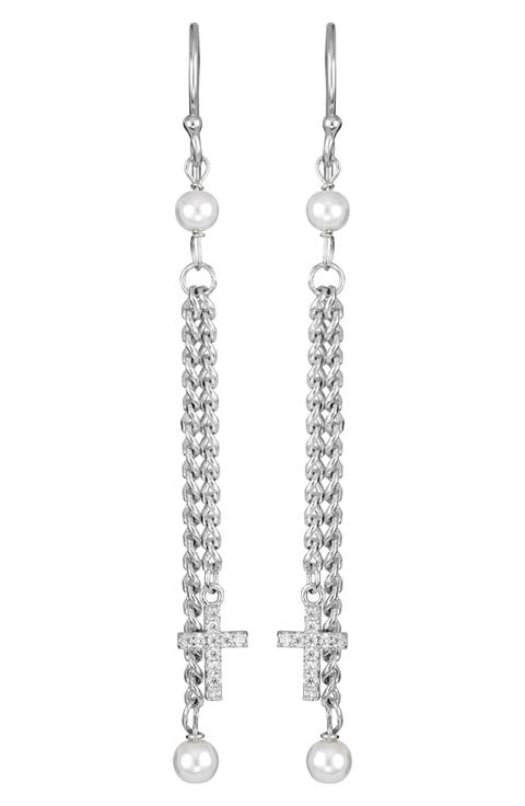 Athra Luxe Imitation Pearl & Cross Linear Drop Earrings