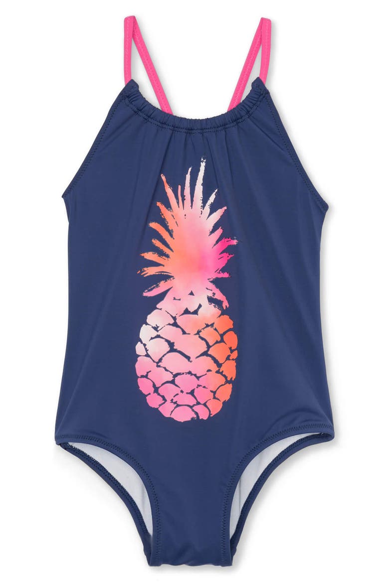 Kids' Party Pineapples One-Piece Swimsuit, Main, color, BLUE
