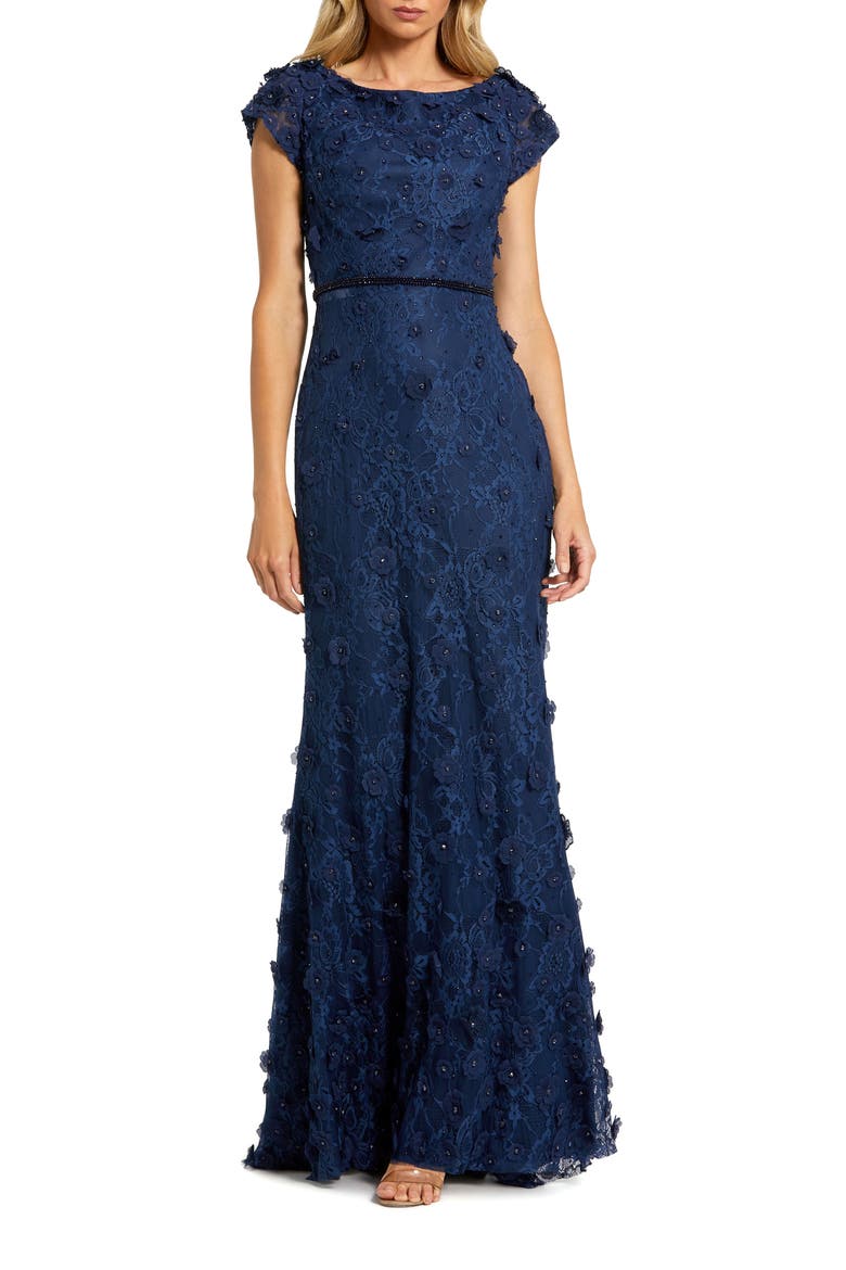 Petite Floral Applique Boat Neck Cap Sleeve Gown, Main, color, Midnight