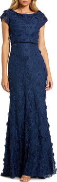Mac Duggal Petite Floral Applique Boat Neck Cap Sleeve Gown