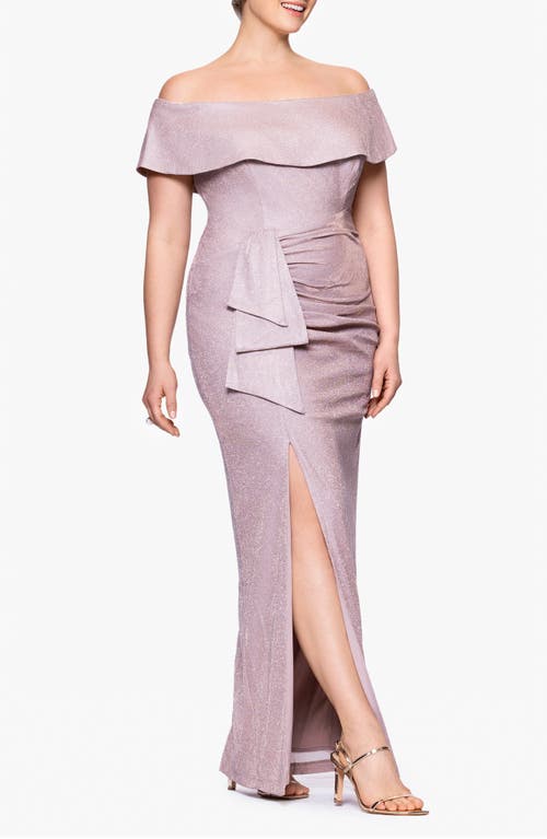Xscape Evenings Metallic Ruffle Off The Shoulder Gown In Blush/silver
