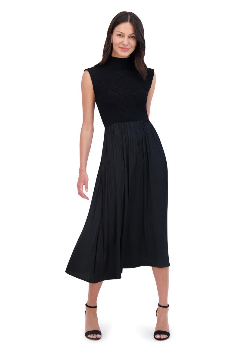 Mixed Media Midi Dress, Alternate, color, BLACK