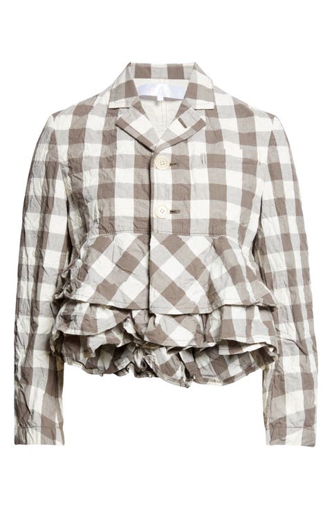 Gingham Crinkled Cotton & Linen Peplum Jacket