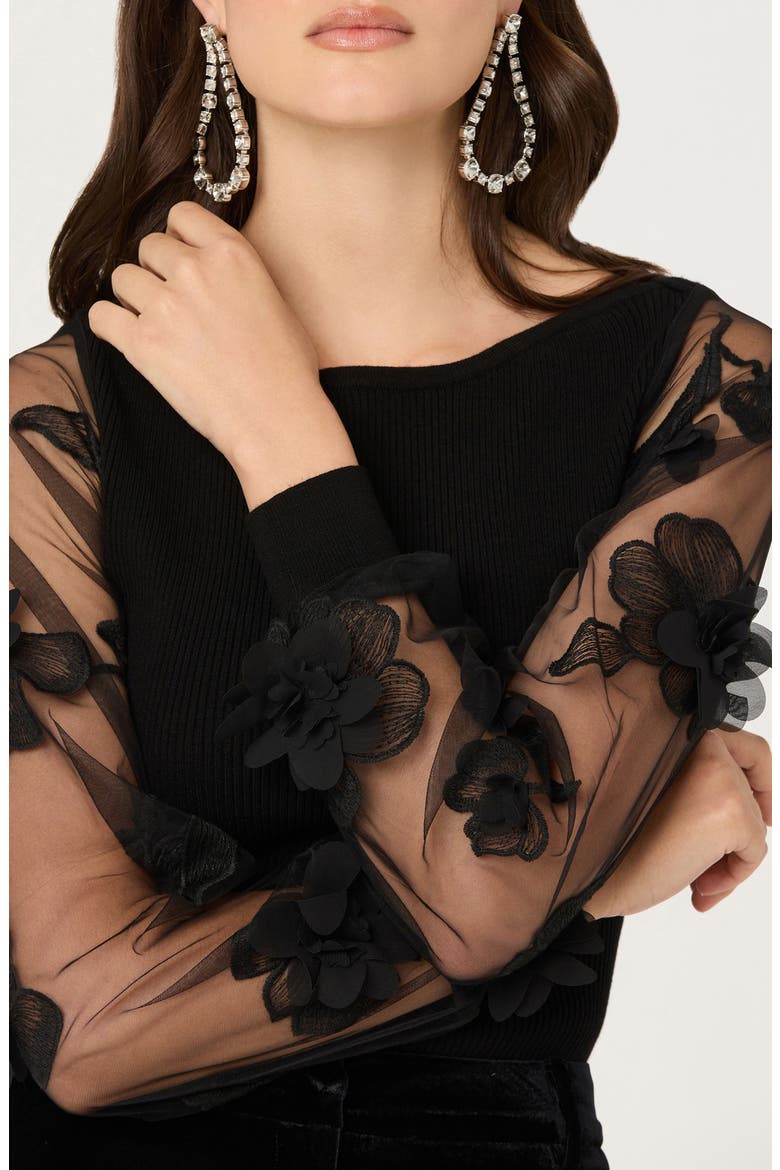 Meagan Floral Appliqué Sheer Sweater, Alternate, color, BLACK