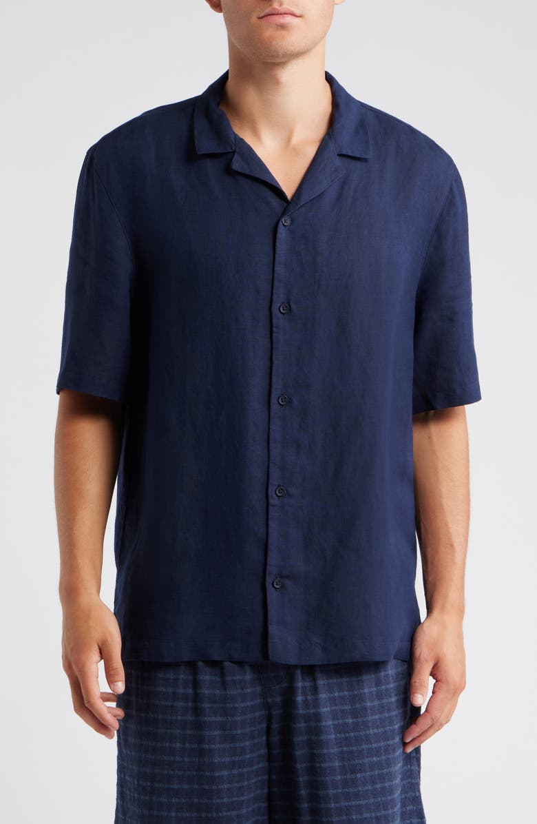 Topman Regular Fit Linen & Viscose Camp Shirt, Main, color, Navy