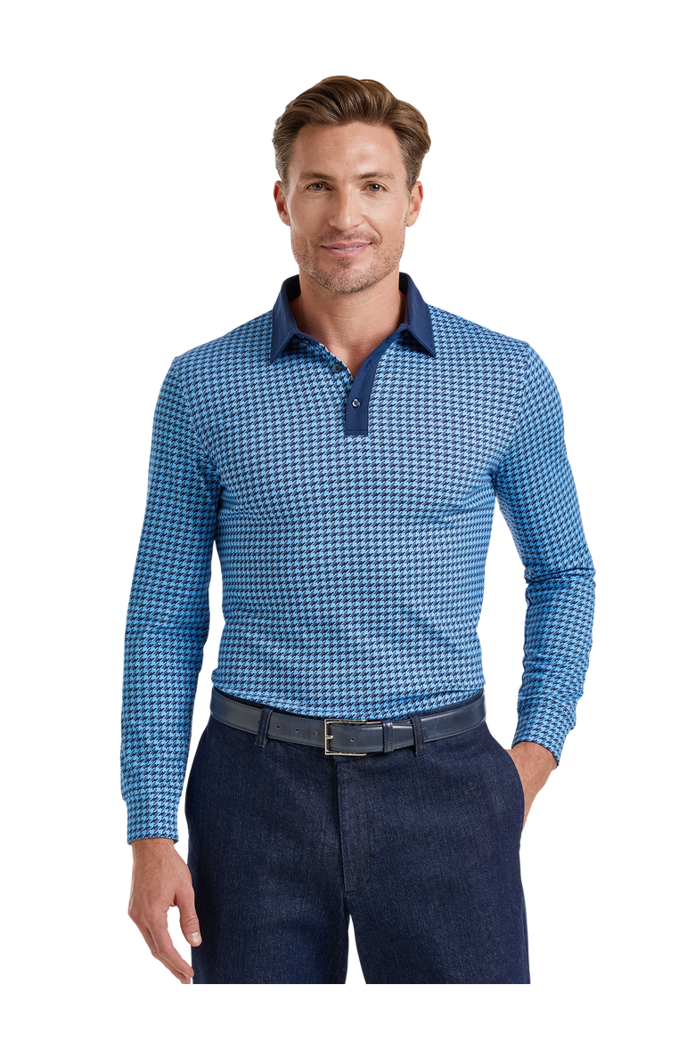 Long Sleeve Cotton Jersey 3-Button Polo With Patterned Trim, Alternate, color, Navy/Light Blue