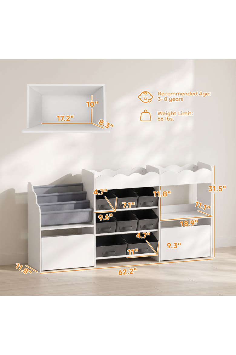 Kids Toy Storage Organizer, Kids Bookshelf with 8 Fabric Bins, 2 Rolling Drawers, Magazine Rack, Open Shelves, for Playroom, Kids Room, White, Alternate, color, White