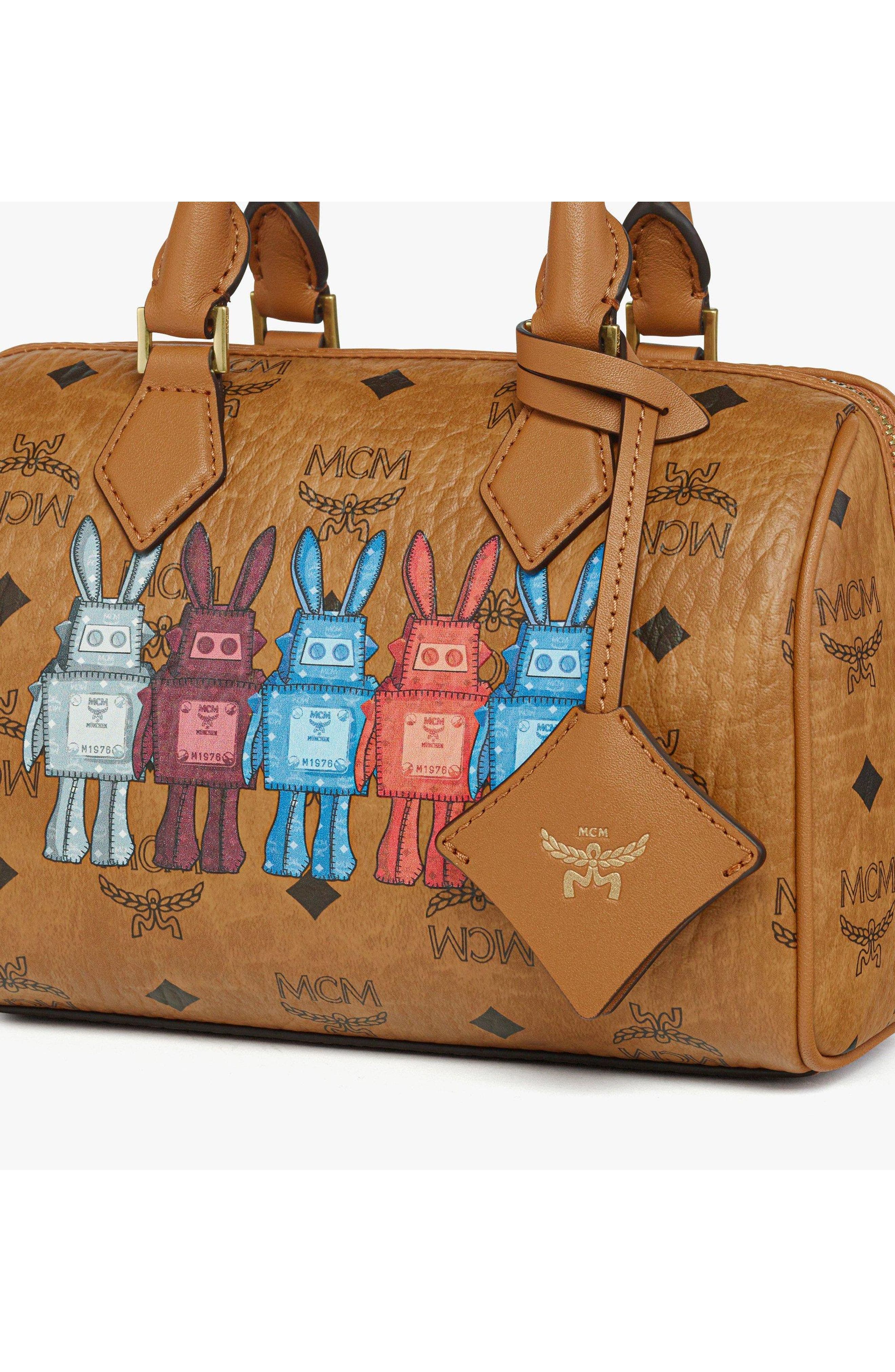 MCM Small Ella Boston Bag in Rabot Visetos, Alternate, color, Cognac