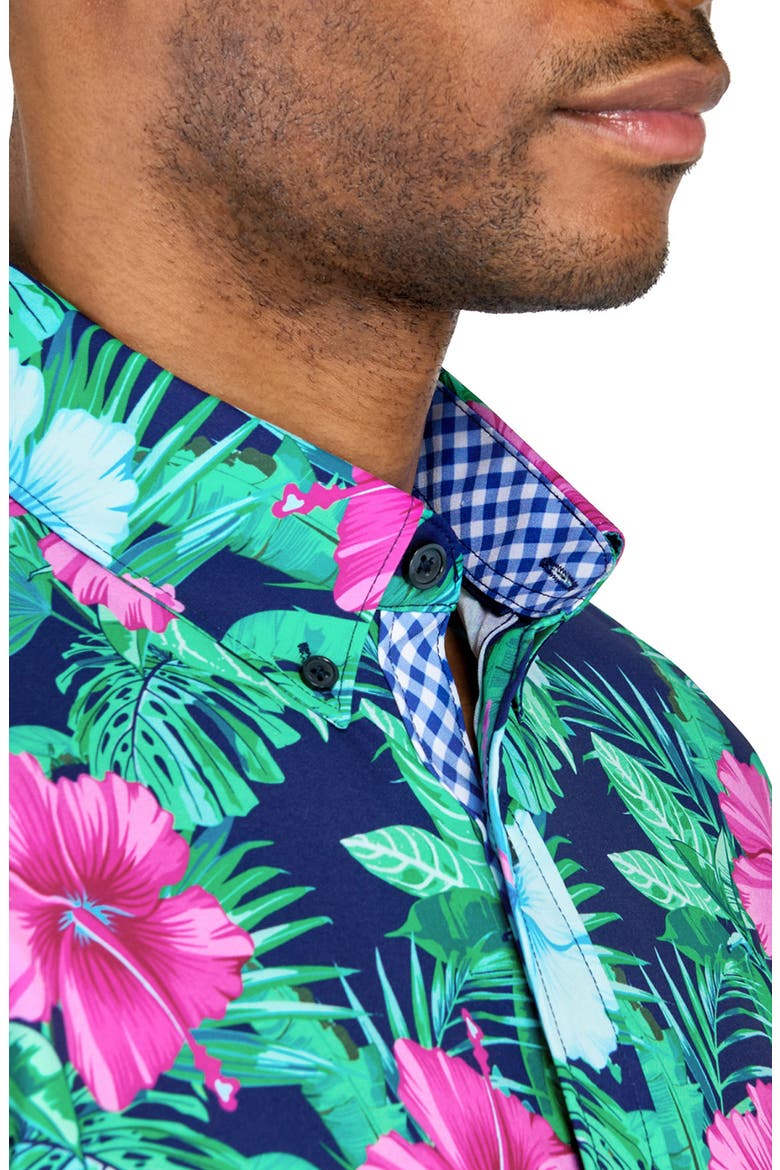 Slim Fit Large Hibiscus Recycled 4-Way Stretch Performance Short Sleeve Shirt, Alternate, color, MULTI