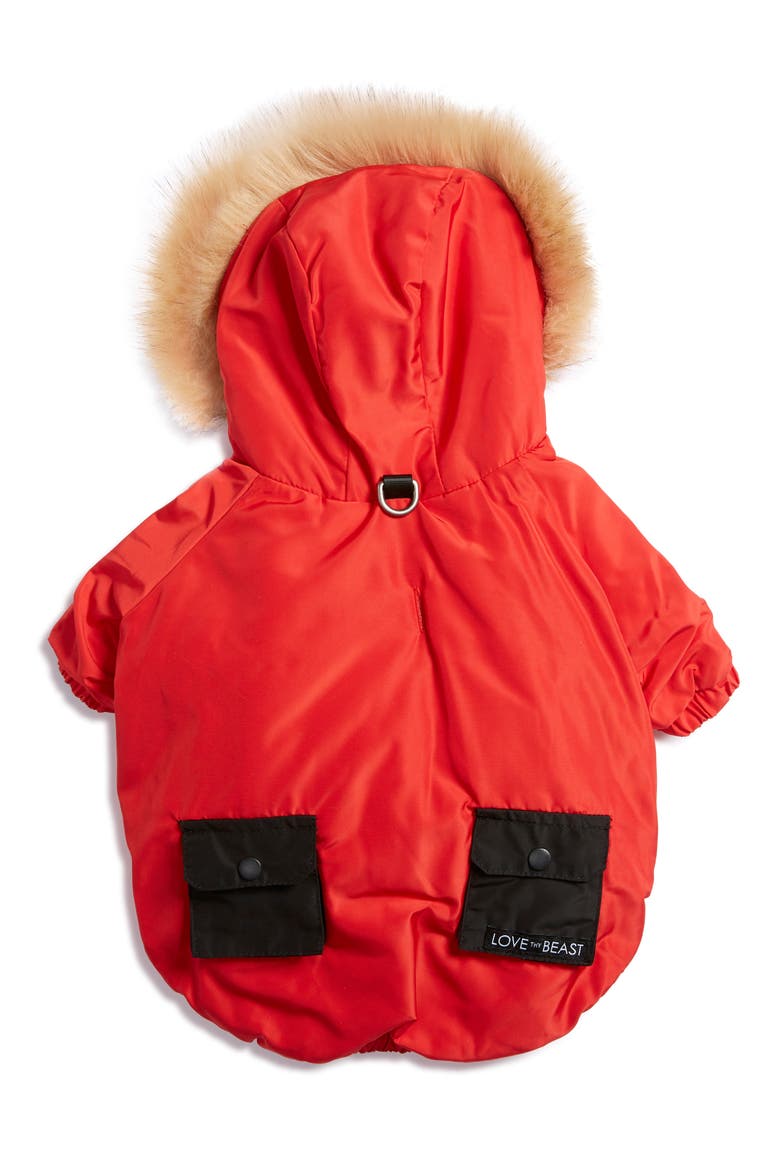 Colorblock Hooded Dog Parka, Alternate, color, RED/ BLACK