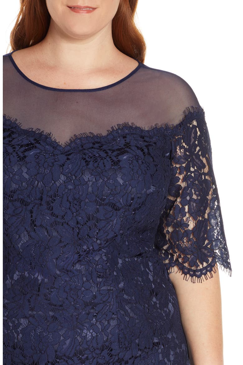 Illusion Top Lace Evening Gown, Alternate, color, NAVY