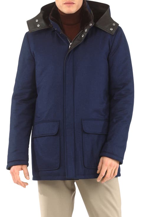 Mens Wool And Cashmere Blend Parka with Genuine Shearling Lining
