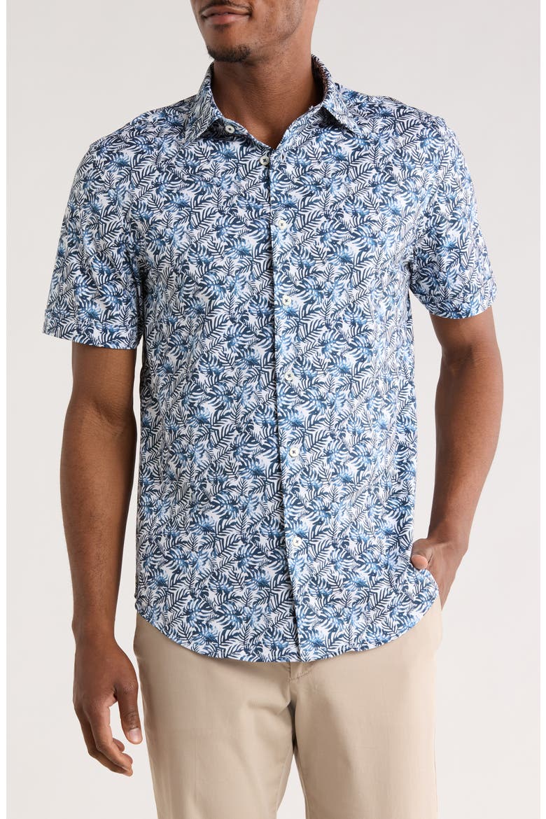 Print Short Sleeve Button-Up Shirt, Main, color, NAVY