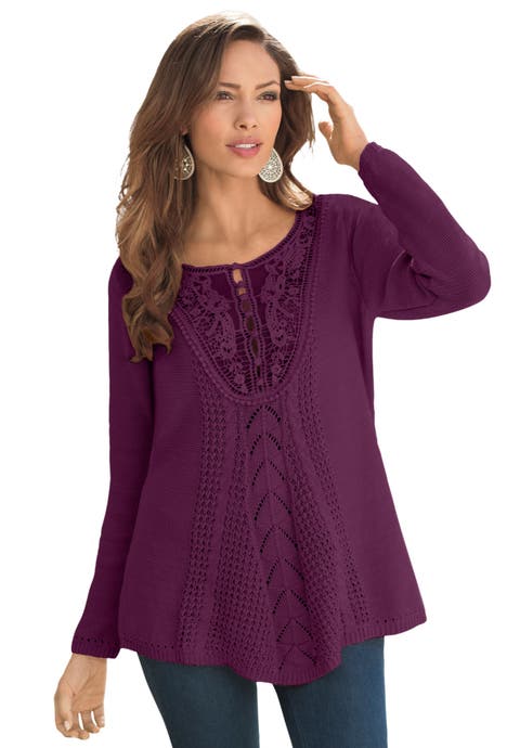 Plus Size Lace Yoke Pullover Sweater