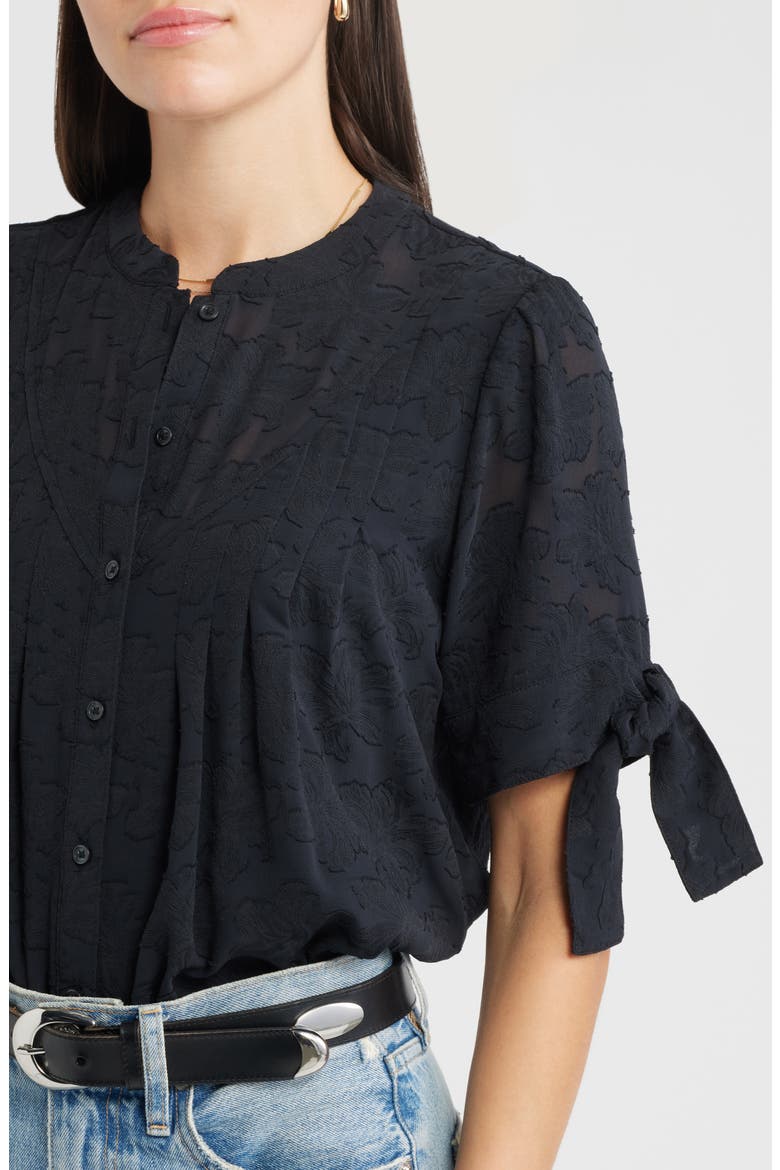 Tie Sleeve Jacquard Button-Up Shirt, Alternate, color, BLACK