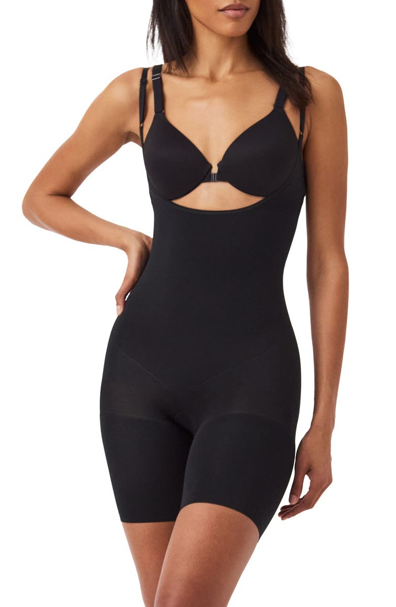 SPANX<sup>®</sup> SPANXsculpt<sup>™</sup> Seamless Power Open Bust Mid Thigh Bodysuit, Main, color, Very Black