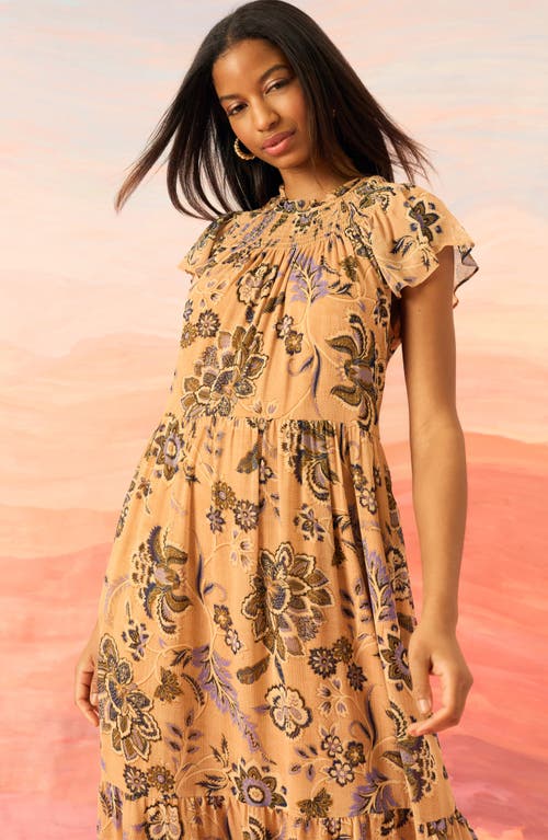 The Good Journey Smocked Flutter Sleeve Midi Dress In Pink