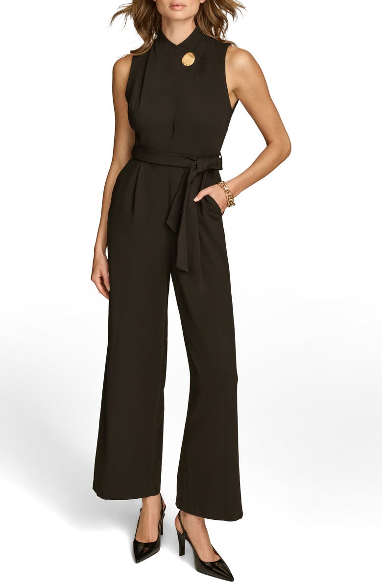 Donna Karan New York Hardware Tie Waist Sleeveless Flare Jumpsuit, Main, color, 