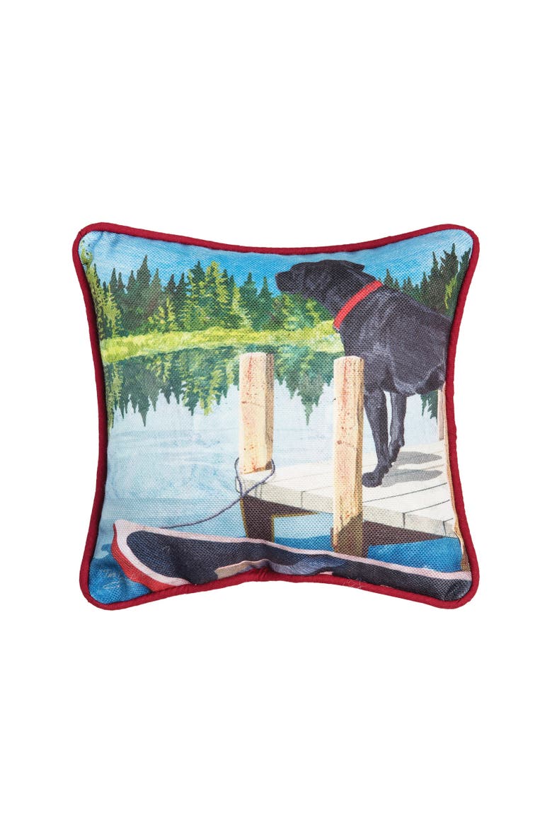 Dog on Lake Pier with Boat Raft Printed Mini Accent Pillow, 8" x 8", Main, color, Blue