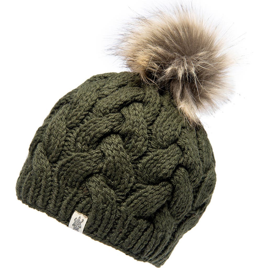 Nirvanna Designs Boheme Cable Beanie W/ Faux Fur Pom In Olive