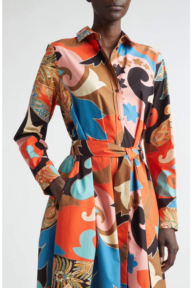 Paisley Lotus Print Long Sleeve Midi Shirtdress, Alternate, color, RED