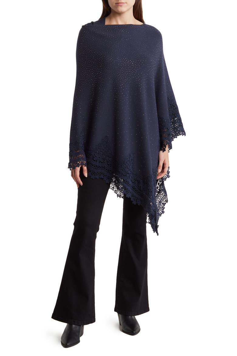 Lace Trim Poncho, Main, color, NAVY