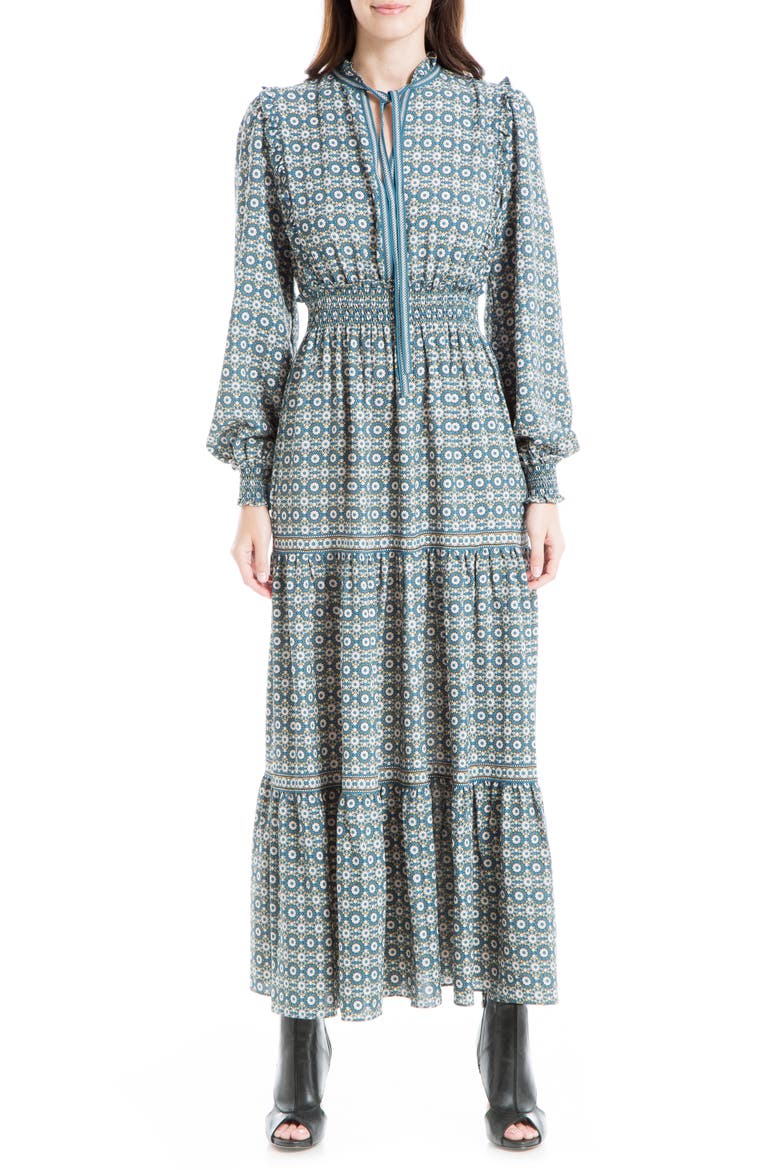 Elbow Sleeve Tier Maxi Dress, Main, color, TEAL GRAPHIC SUNFLOWER