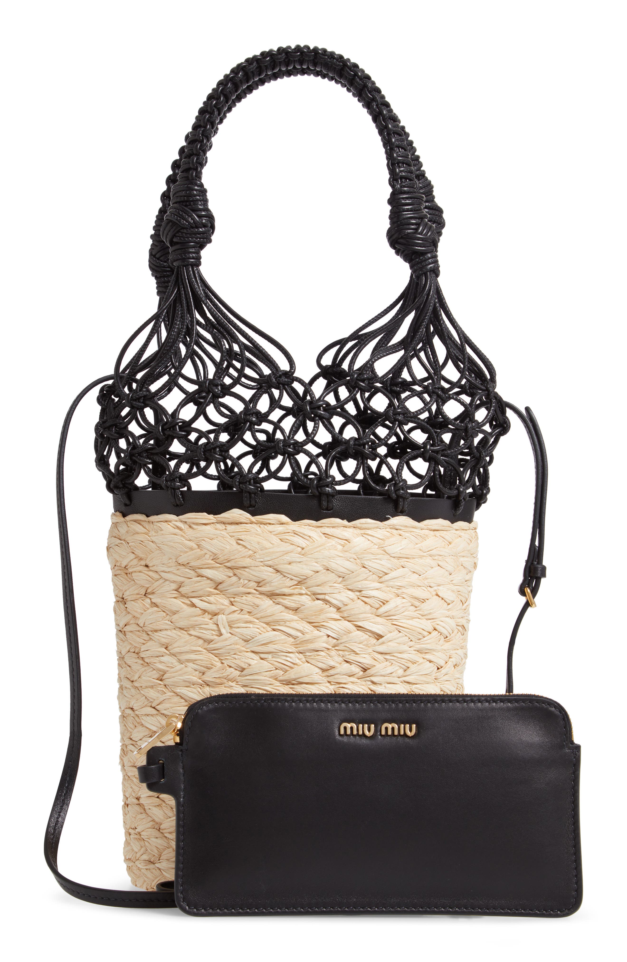 Miu Miu Woven Leather & Straw Bucket Bag, Alternate, color, 