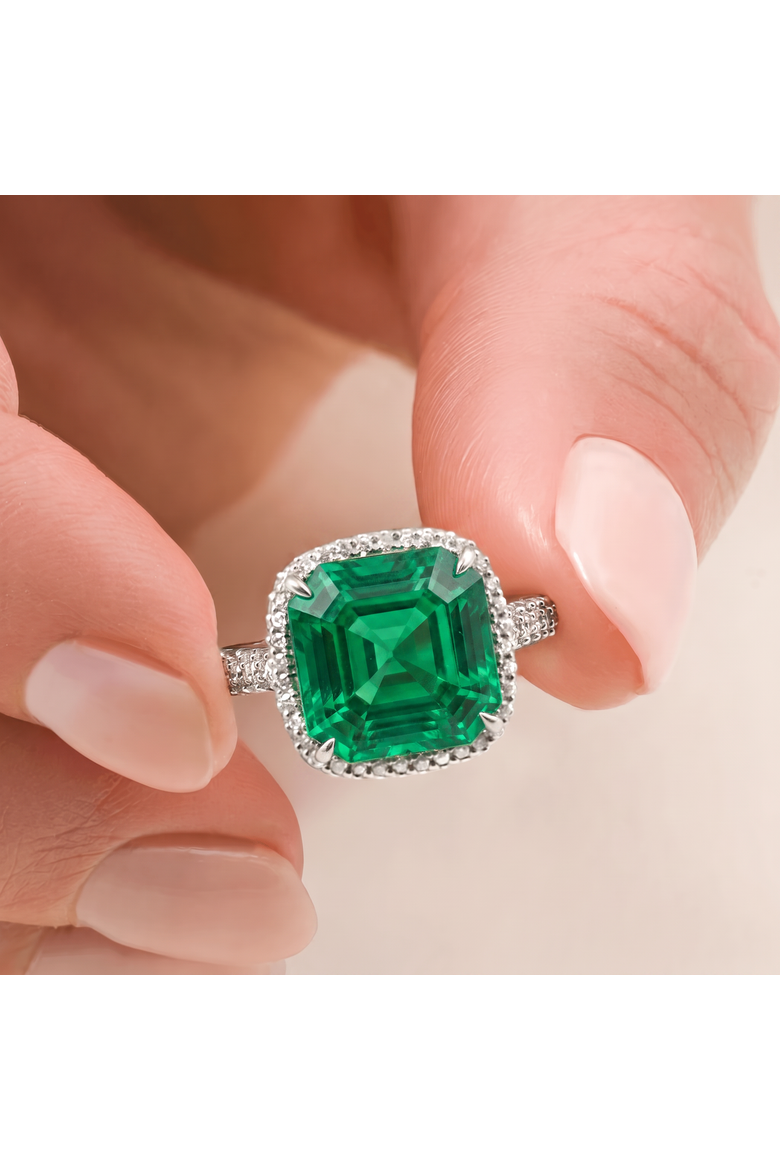 5.50Ct TW Emerald Asscher Cut & Pave Diamond Ring 14k Gold Lab Grown, Alternate, color, 14k White Gold