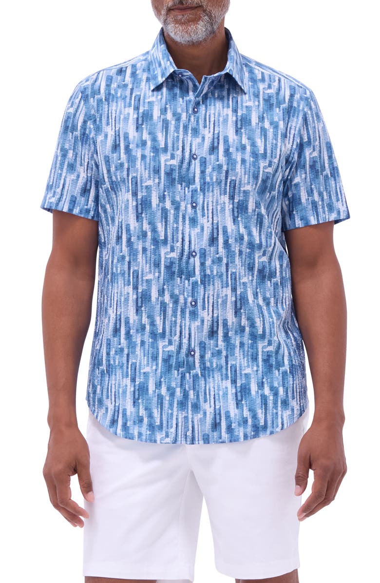 Bugatchi Orson Brush Print Short Sleeve Cotton Seersucker Button-Up Shirt, Main, color, 